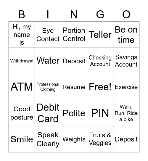 Banking / Mock Interview / Health Bingo Card