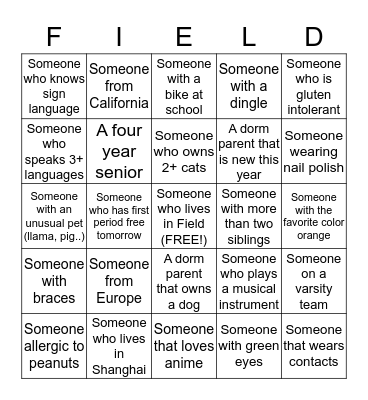 Field Dorm Blackout Boad Bingo Card