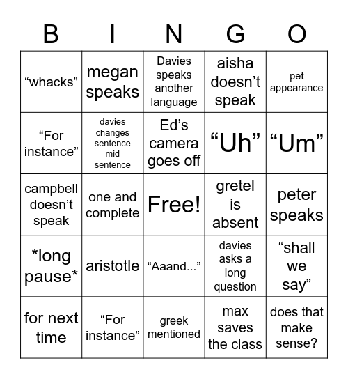 davies bingo Card