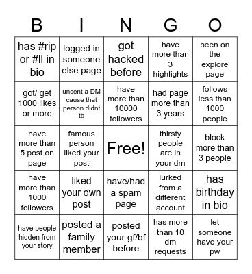 Instagram  Bingo Card