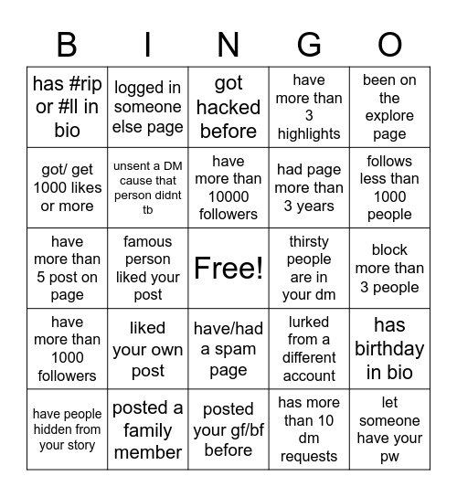 Instagram  Bingo Card