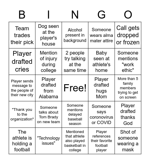 Fantasy Football Draft Day Bingo Card