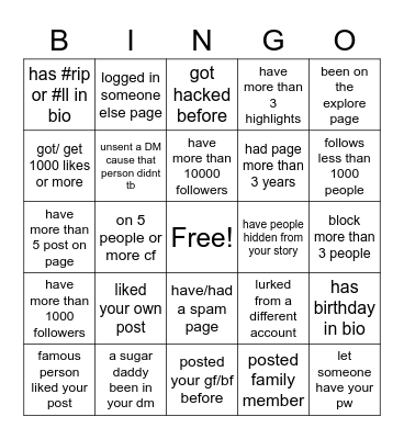 Instagram  Bingo Card