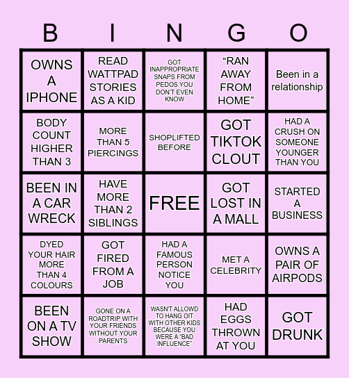 BASIC TEENAGER Bingo Card