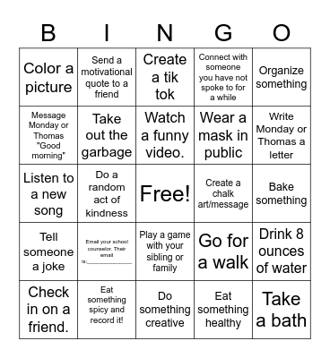 Monday Thomas Safe at Home Bingo!!! Bingo Card