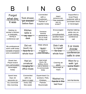 Pepsi WFH Bingo Card