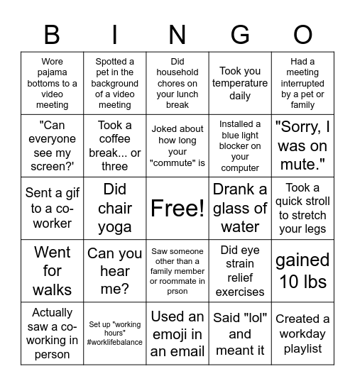 Remote Work Bingo Card
