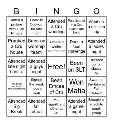 Radford Cru Bingo Card