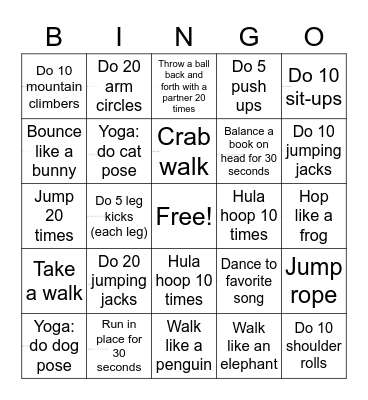 Physical Activity Bingo Card