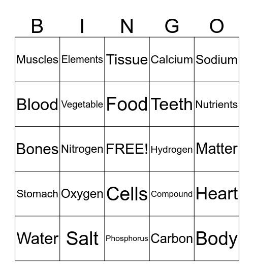 What Your Body is Made Of Bingo Card