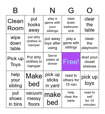 Weekly Chores Bingo Card