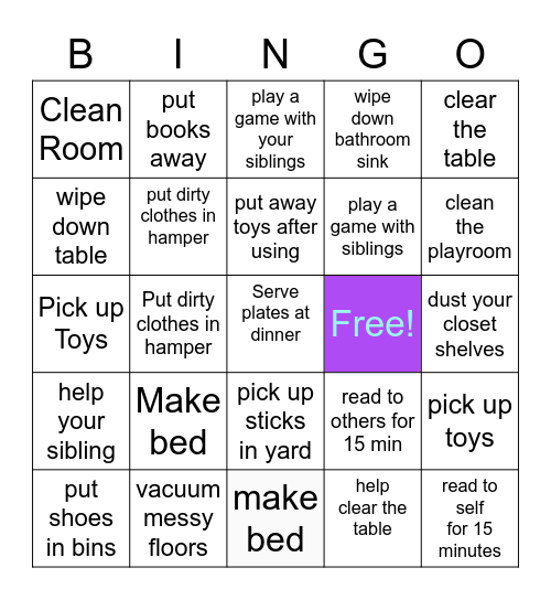Weekly Chores Bingo Card