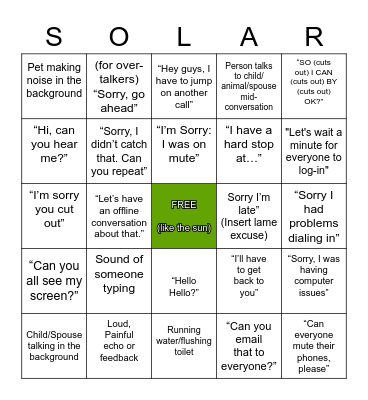 Customer Engagement SOLAR Bingo Card