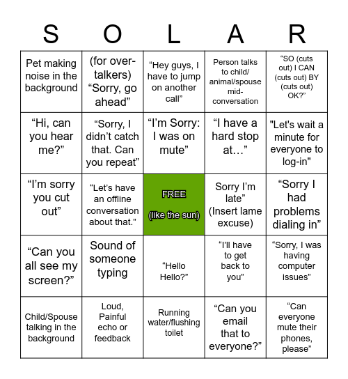 Customer Engagement SOLAR Bingo Card