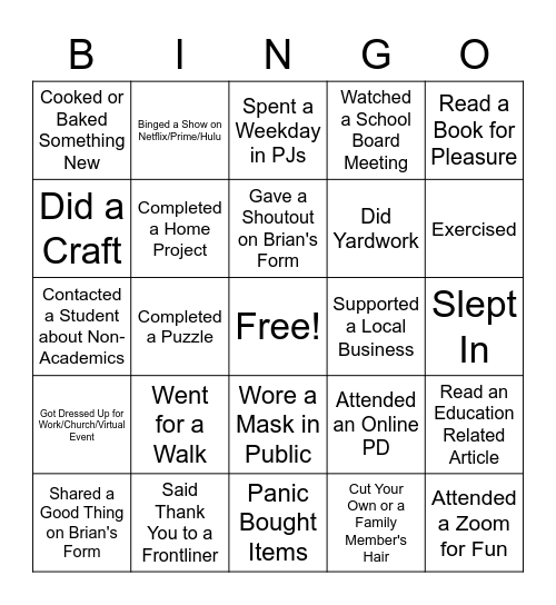 Remote Teaching Bingo Card