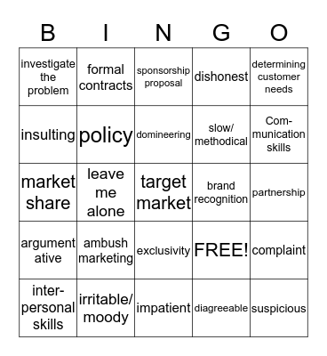 Sports and Entertainment Marketing I Bingo Card