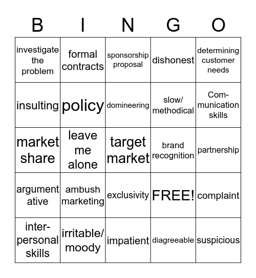 Sports and Entertainment Marketing I Bingo Card