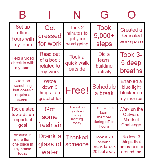 Remote Work Bingo Card