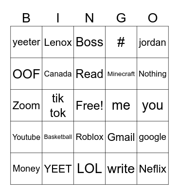 Lenox's bingo game Bingo Card