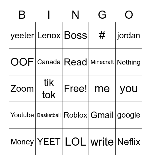 Lenox's bingo game Bingo Card