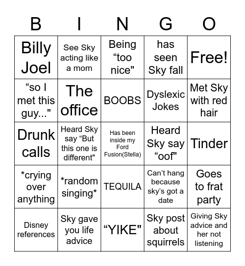Sky’s Bingo Card