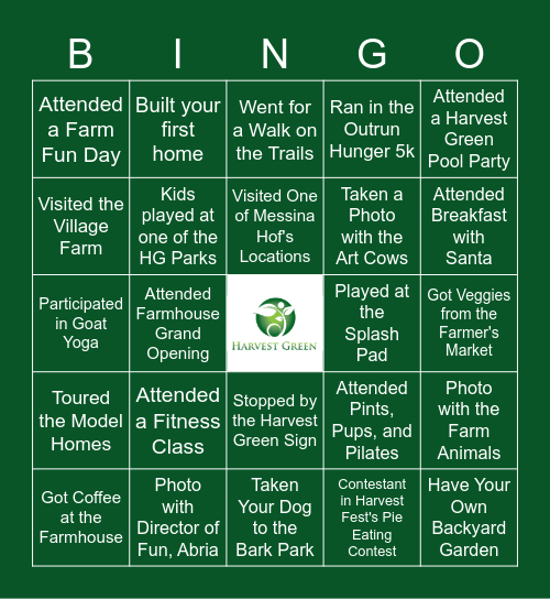 Harvest Green Photo Bingo Card