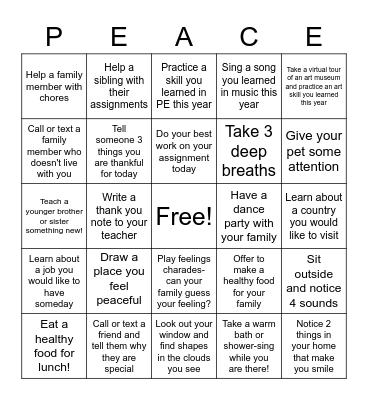 PAX Bingo-Peace, productivity, health and happiness Bingo Card