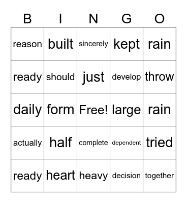 High Frequency Word Bingo Card