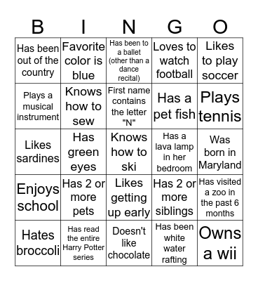 Friendship Bingo Card