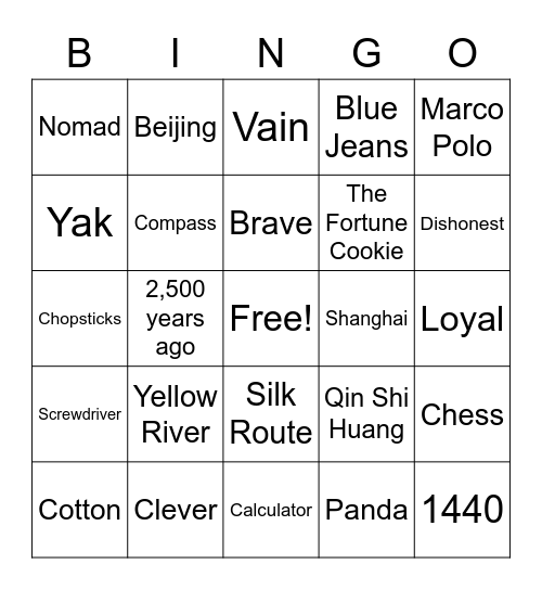 Unit 7 Ancient China Bingo Card