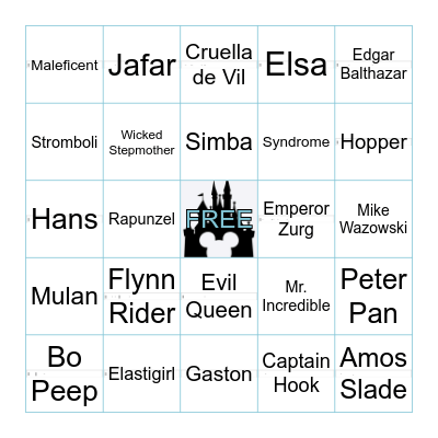 Disney Heroes, Heroines and Villains Bingo Card