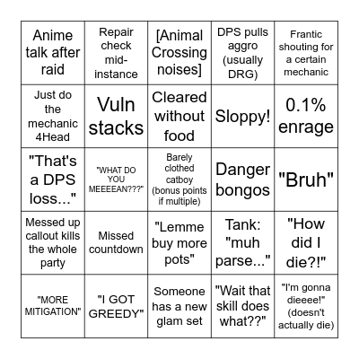 Raid Night Shenanigans Bingo Card