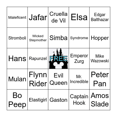 Disney Heroes, Heroines and Villains Bingo Card