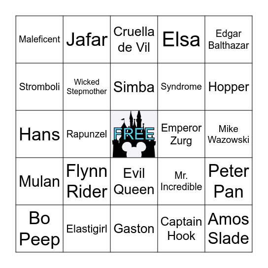 Disney Heroes, Heroines and Villains Bingo Card