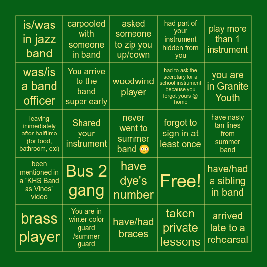 KHS Band Bingo Card