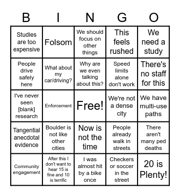 20 is Plenty at Council! Bingo Card