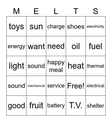 Energy Melts Bingo Card