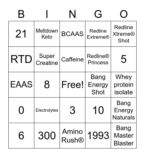 Bang Energy Bingo Card