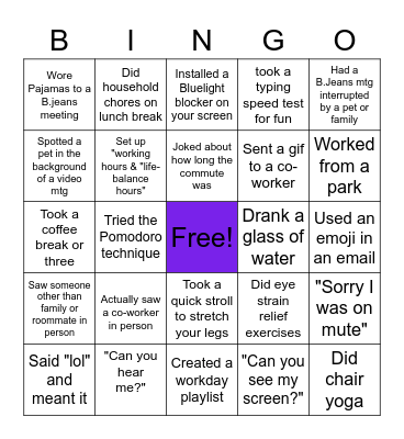 Remote Work Bingo Card
