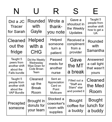 Nurse Week Bingo Card