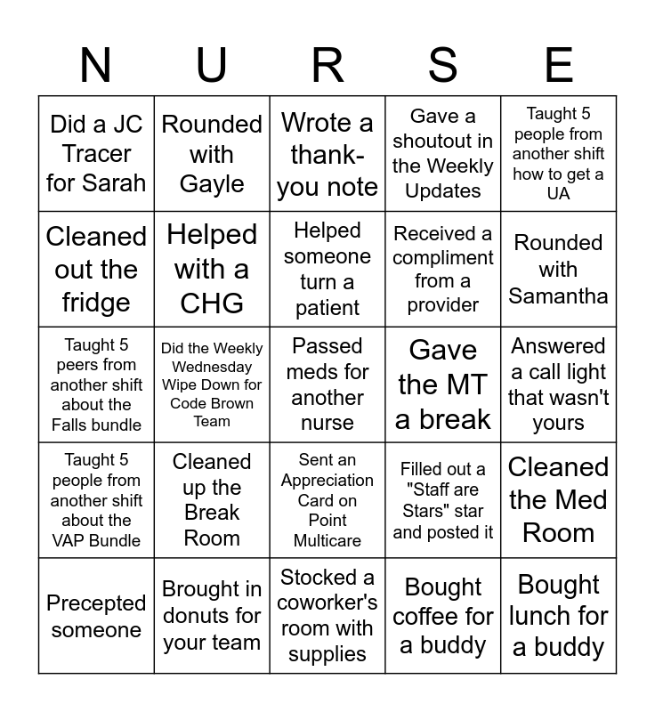 Nurse Week Bingo Card
