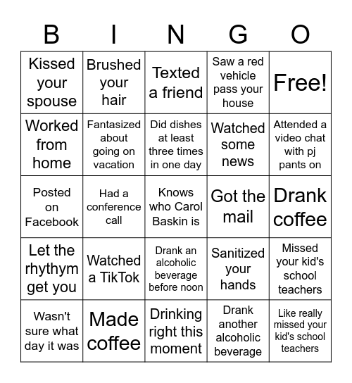 Adult Bingo Card