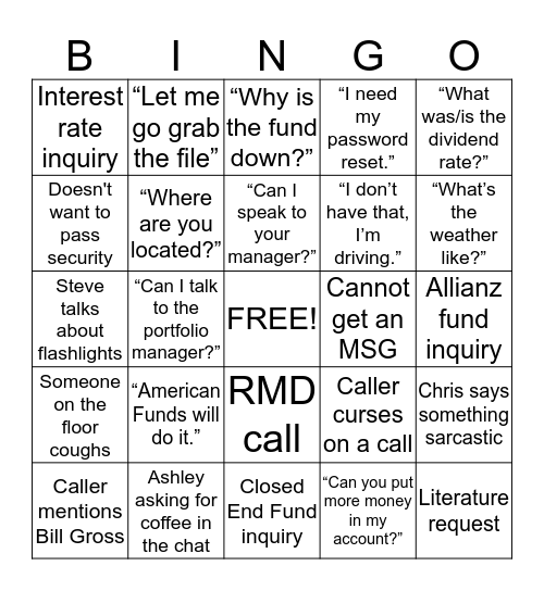 PIMCO Bingo Card