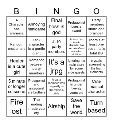Jrpg Bingo Card