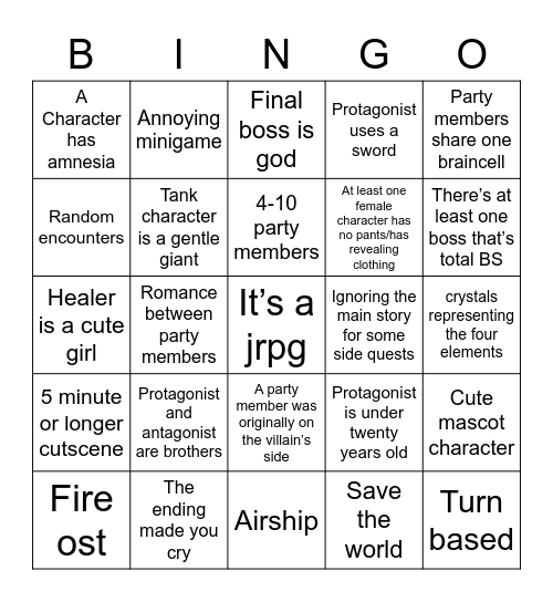 Jrpg Bingo Card
