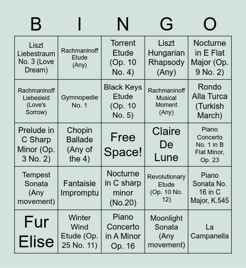 Basic Classical Piano Pieces I've Learned Bingo Card