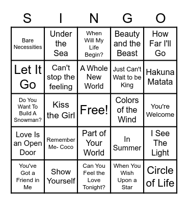 Disney Singo Bingo Card