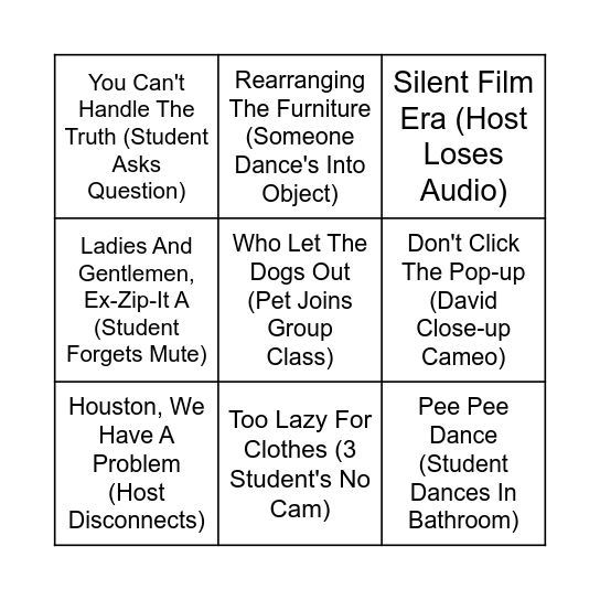 Online Dance Class Bingo Card