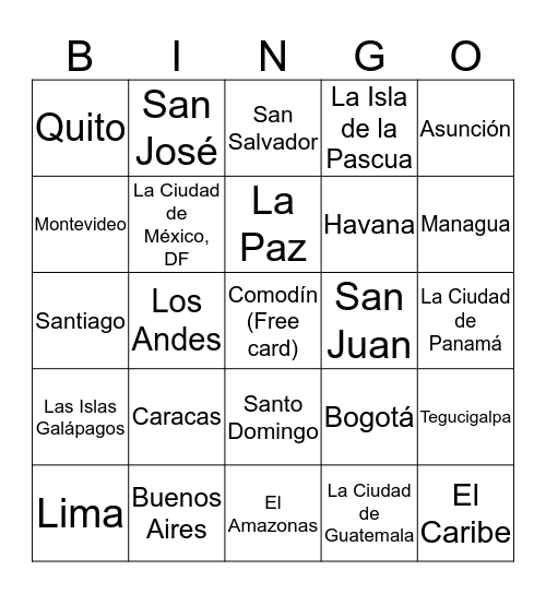 Los países latinoamericanos, sus capitales y lugares importantes Bingo Card