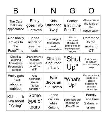 Slusser's Family FaceTime Bingo Card